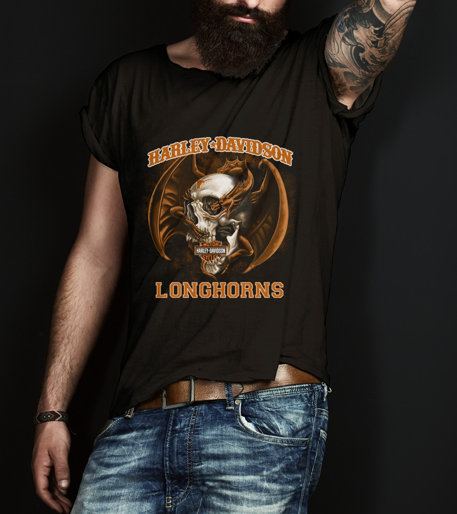 Harley Davidson Motor Cycles Longhorns Skull Bat Wings T-Shirt