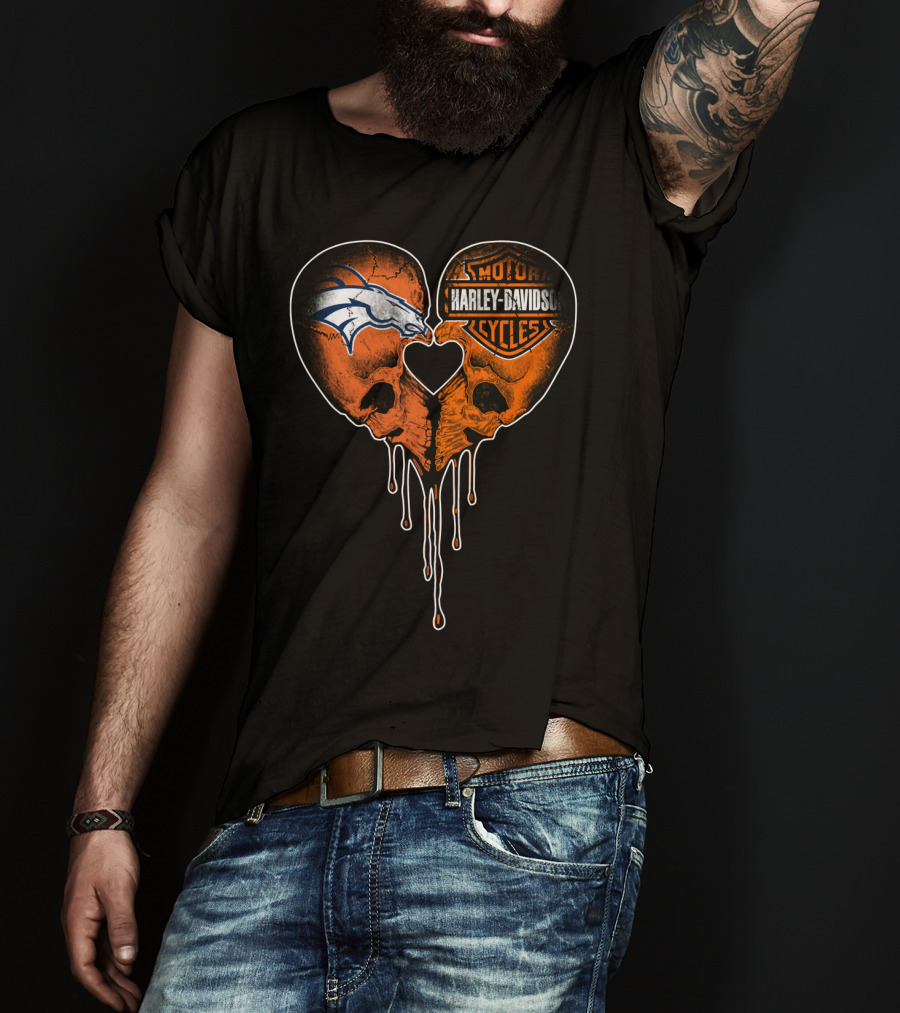 Denver Broncos Harley Davidson Dripping Skull Heart T-Shirt