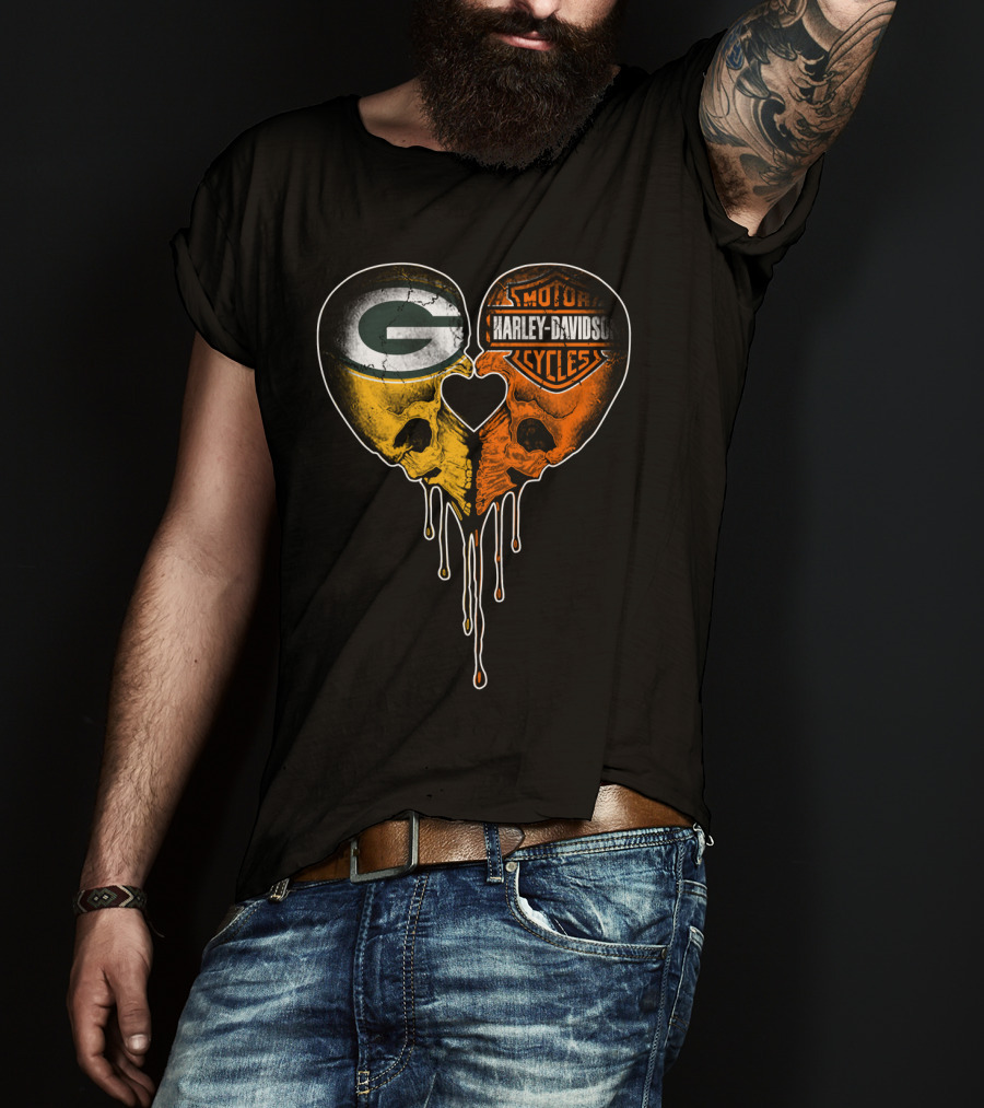 Green Bay Packers Harley Davidson Heart Skulls T-Shirt