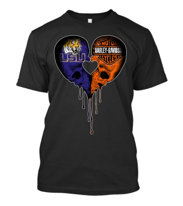 Lsu Tigers And Harley Davidson Heart Skull Fusion T-Shirt