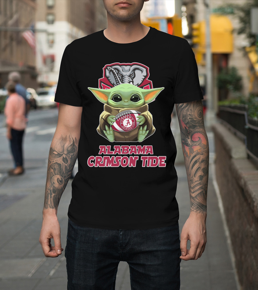 Alabama Crimson Tide Baby Yoda Holding Football T-Shirt