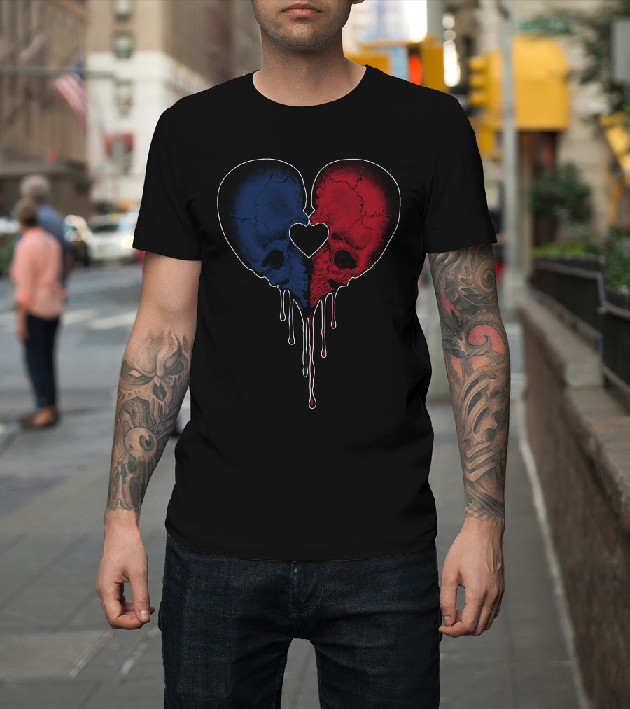 Split Red And Blue Skull Heart Dripping T-Shirt