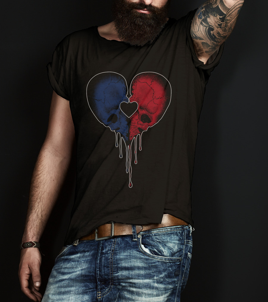 Split Red And Blue Skull Heart Dripping T-Shirt