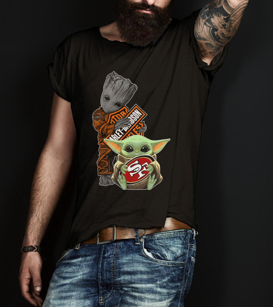 49ers S-F Logo Harley Davidson Orange Black Star Wars Groot Baby Yoda T-Shirt