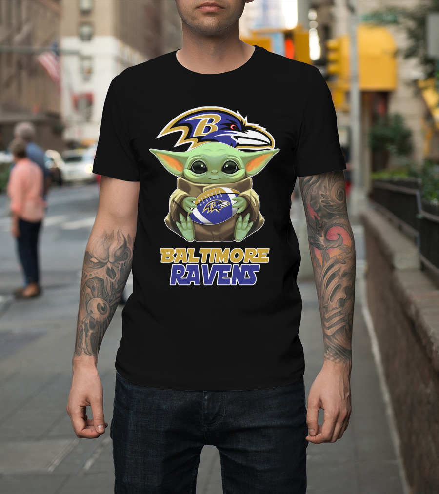 Baltimore Ravens Baby Yoda Holding Football T-Shirt