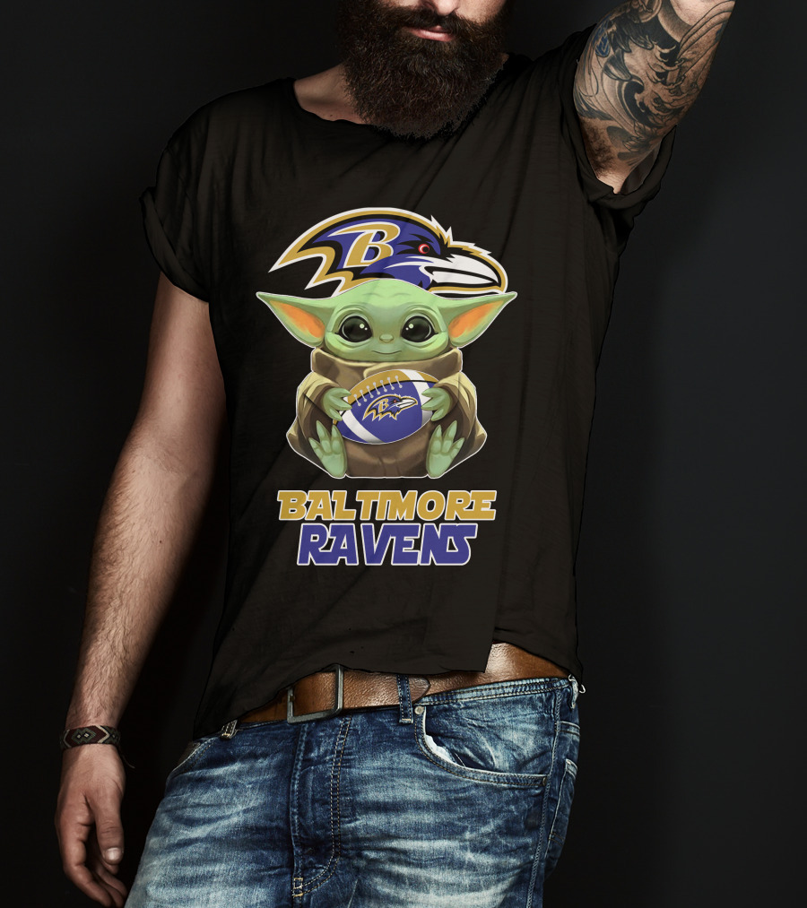 Baltimore Ravens Baby Yoda Holding Football T-Shirt