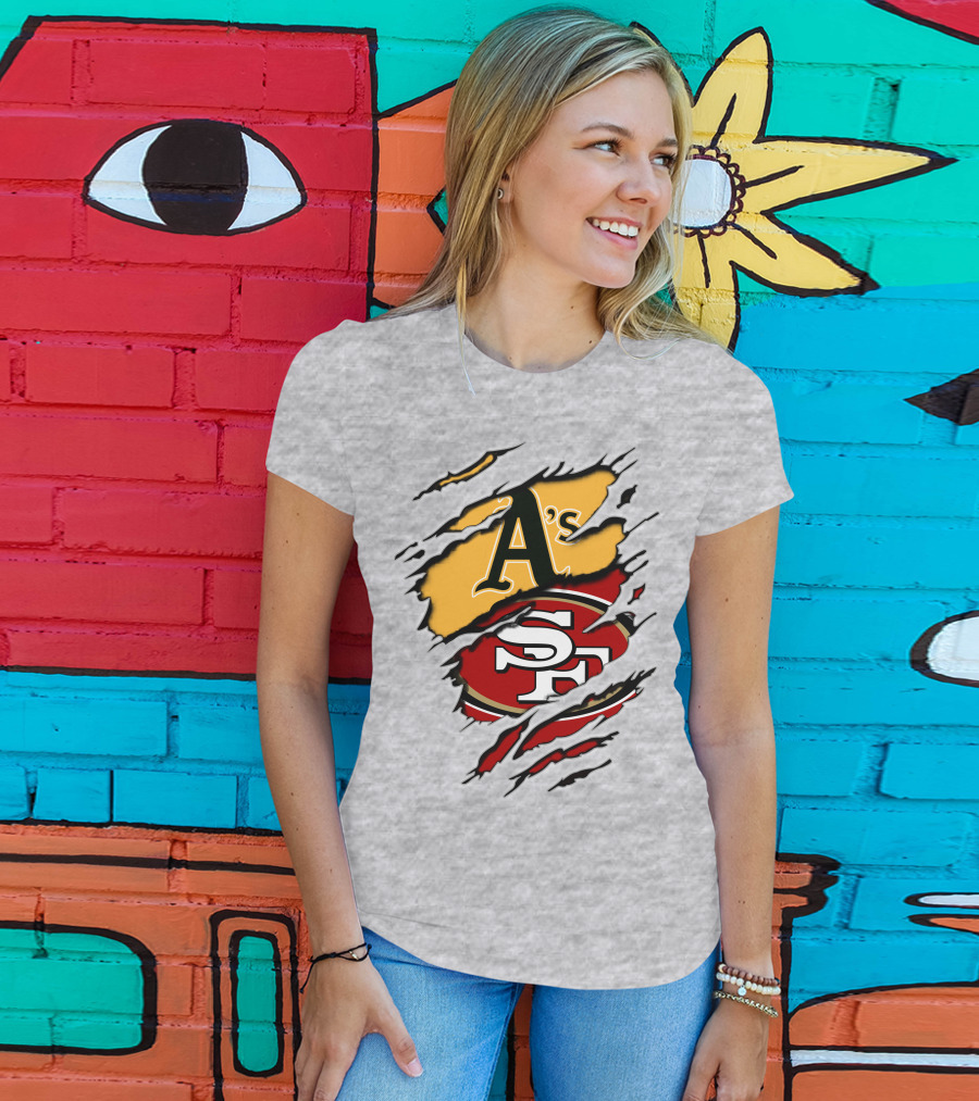 Oakland A's And San Francisco 49ers Torn Layered Logo Fusion T-Shirt
