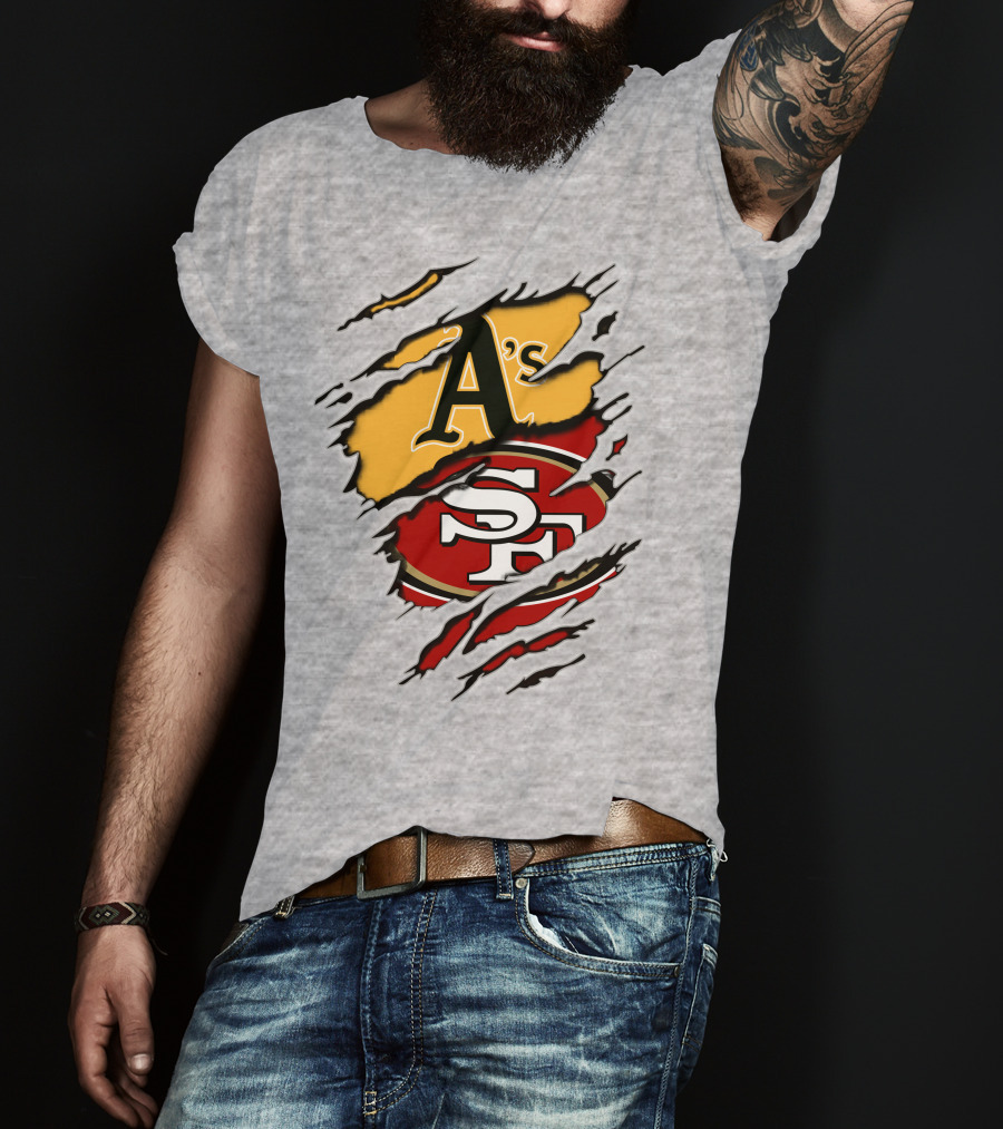 Oakland A's And San Francisco 49ers Torn Layered Logo Fusion T-Shirt