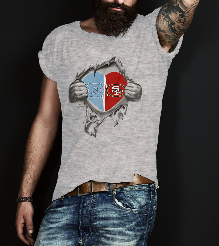 49Ers Tar Heels San Francisco UNC Heart Torn Fabric T-Shirt