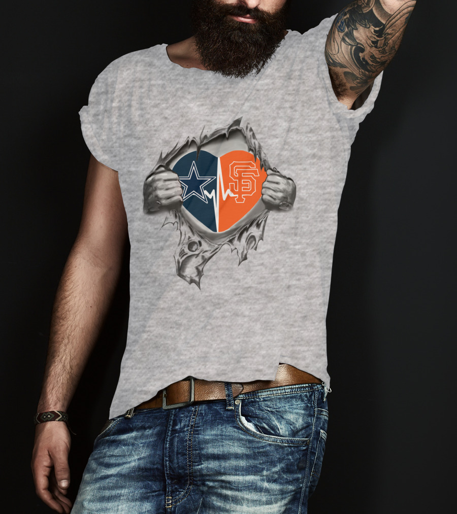 Cowboys Giants It's In My Heart Star And SF Logo Heartbeat T-Shirt