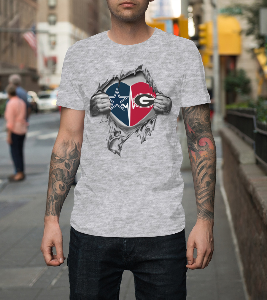 Cowboys Georgia Bulldogs Heartbeat Dual Logo Fan Love T-Shirt