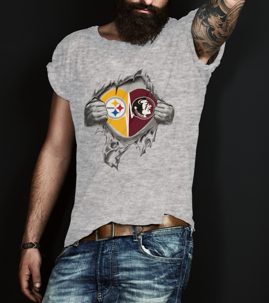 Steelers Seminoles Heart Hands Logo Under Torn Skin T-Shirt
