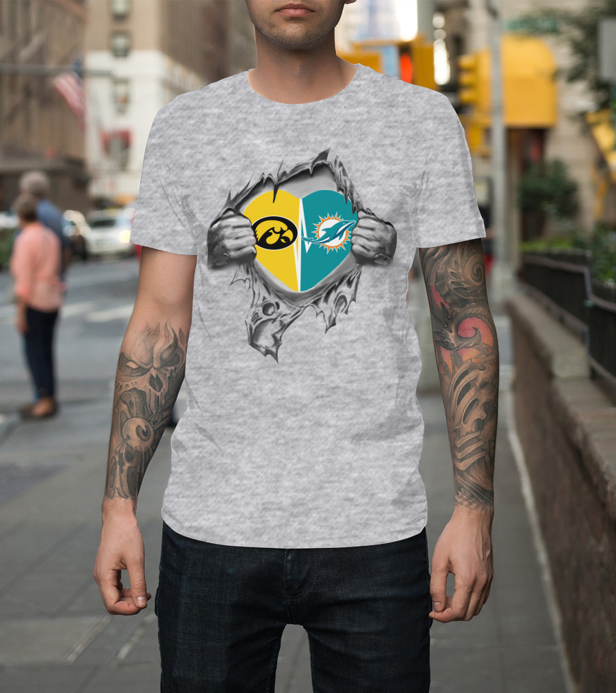 Iowa Hawkeyes Miami Dolphins Heart Rip T-Shirt