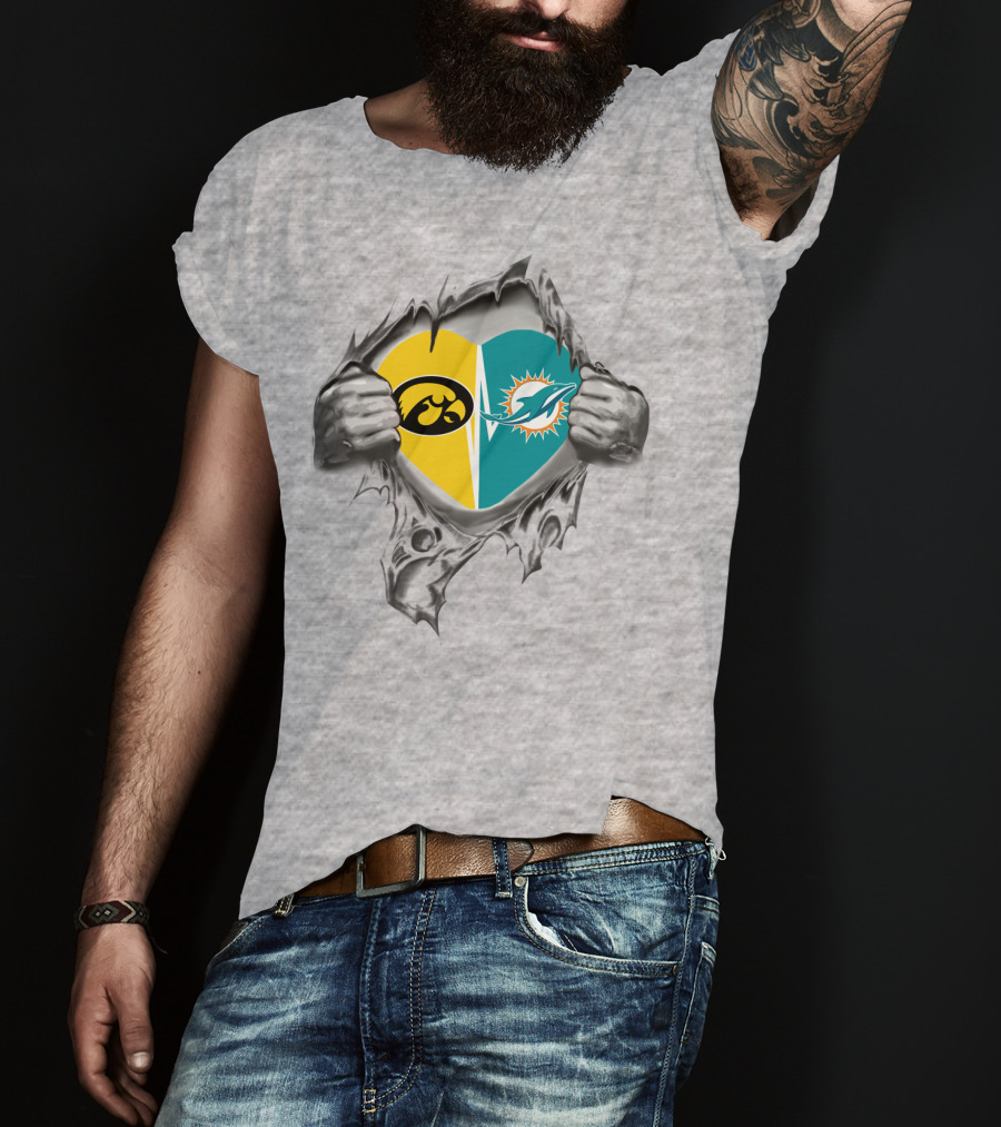 Iowa Hawkeyes Miami Dolphins Heart Rip T-Shirt