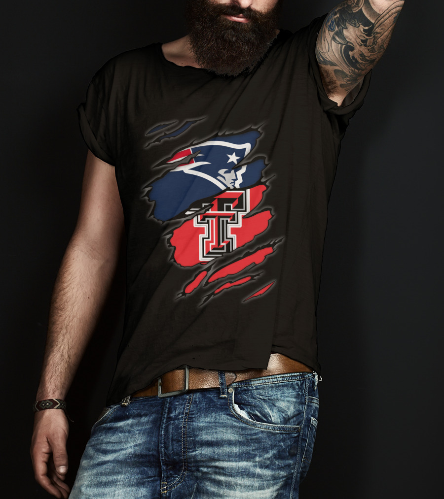 Patriots And Texas Tech Dual Logo Ripped T-Shirt