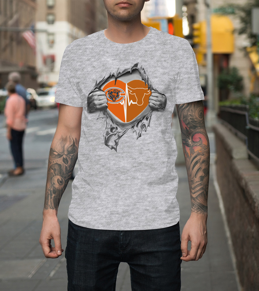 Bears Longhorn Heart With Team Logos Torn By Hands T-Shirt