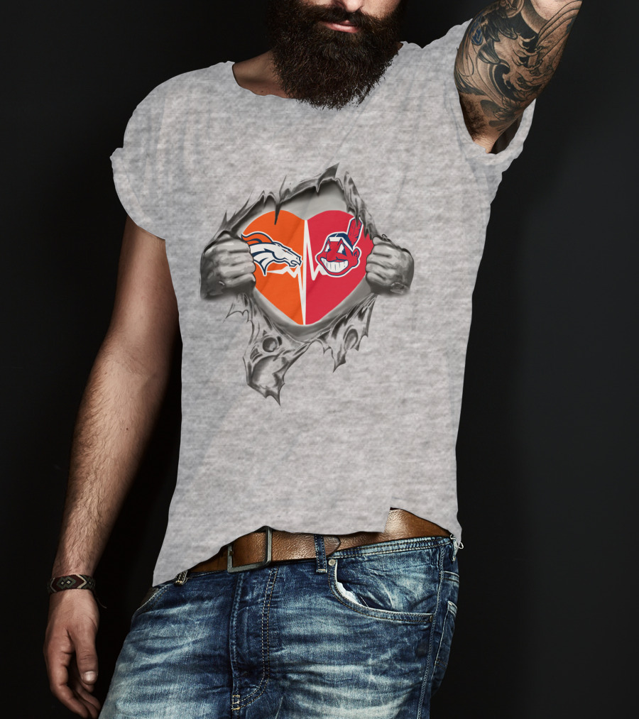 Broncos Indians Heart With Split Logo Elements T-Shirt