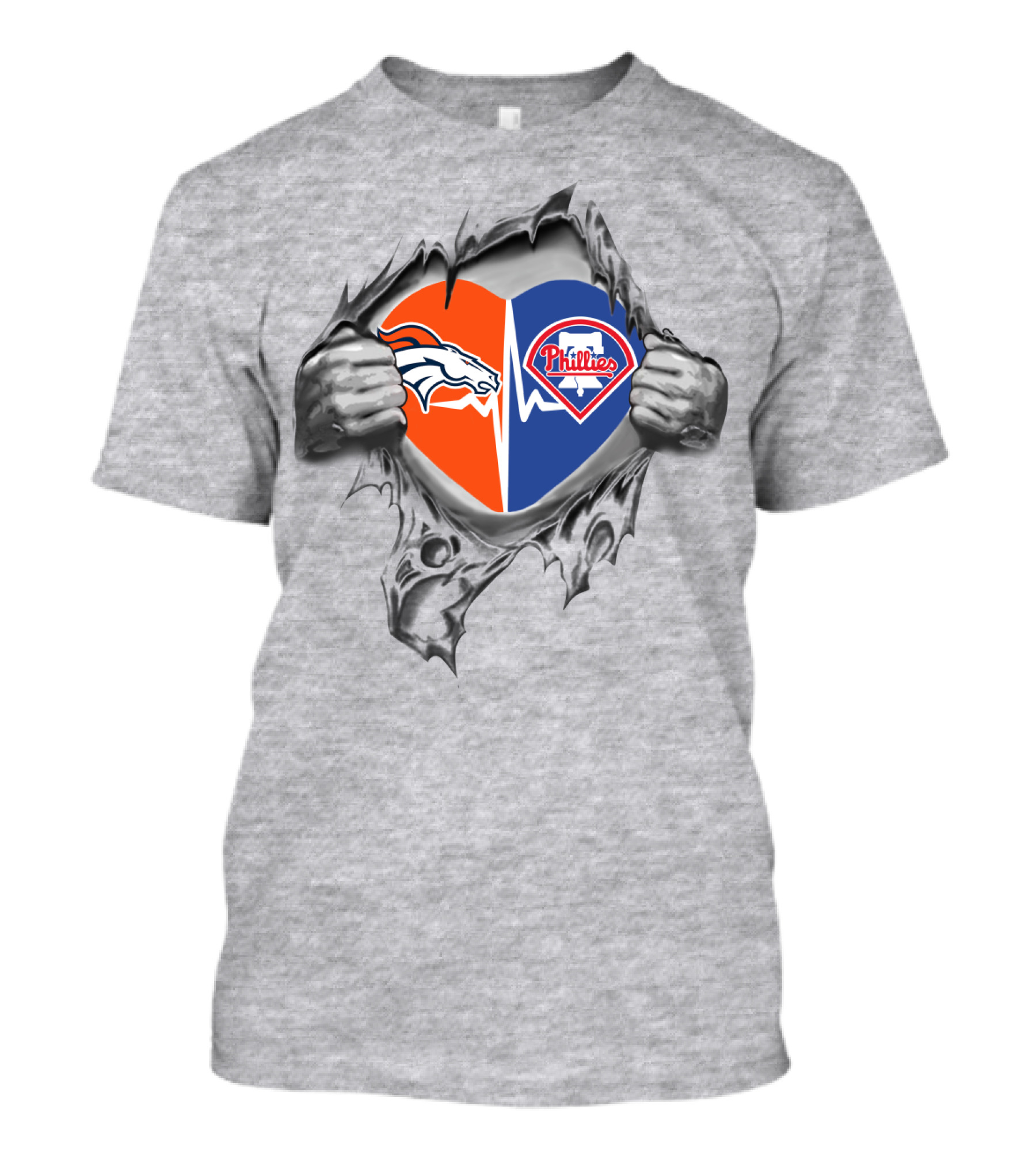 Broncos And Phillies Heart Torn Open By Hands Showing Logos T-Shirt