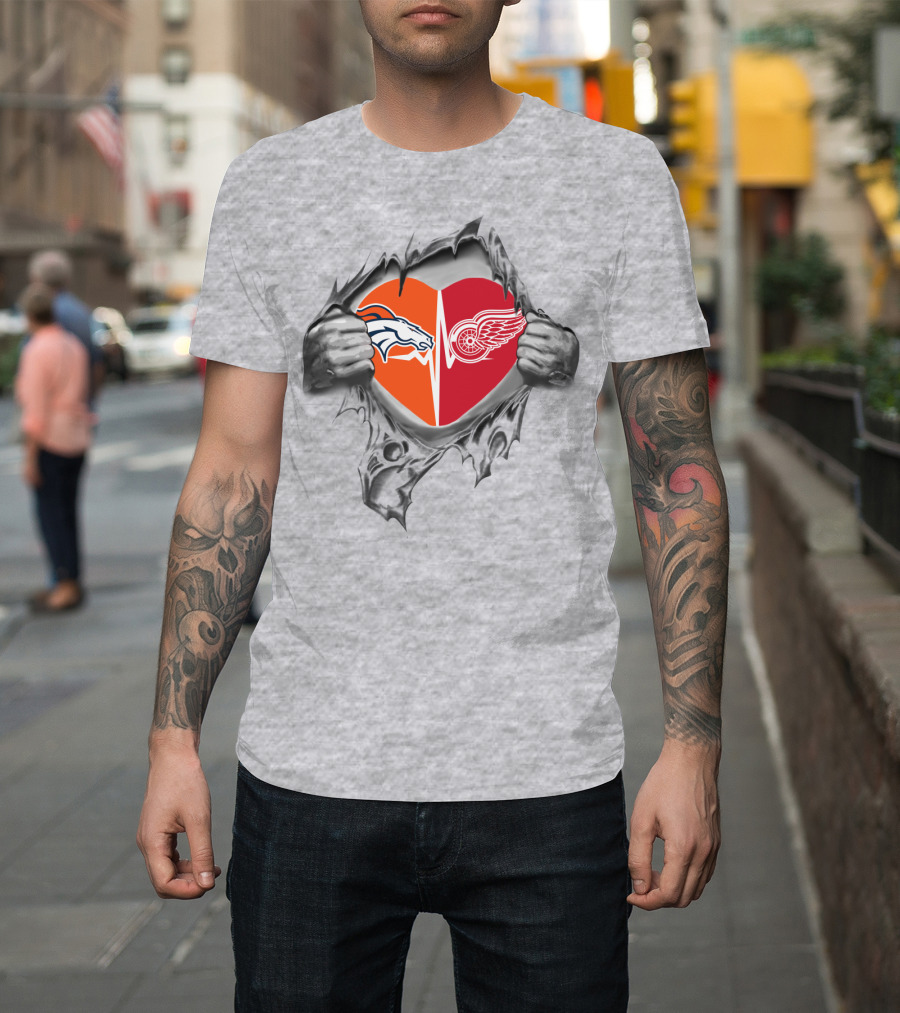 Broncos Red Wings Heart Graphic With Logos In Silver Hands T-Shirt