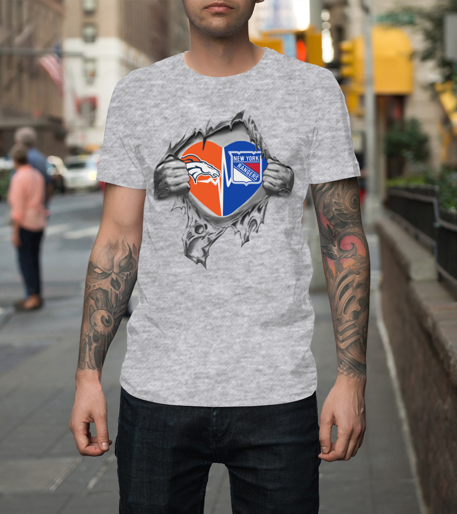 Broncos New York Rangers Heart Inside Tearing Through T-Shirt