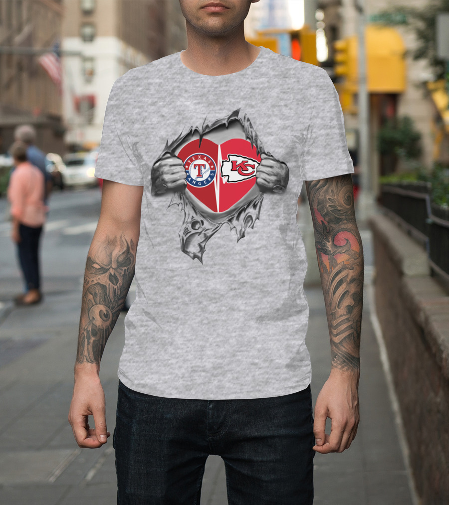 Texas Rangers Kansas City Chiefs Heart Logo Combination T-Shirt