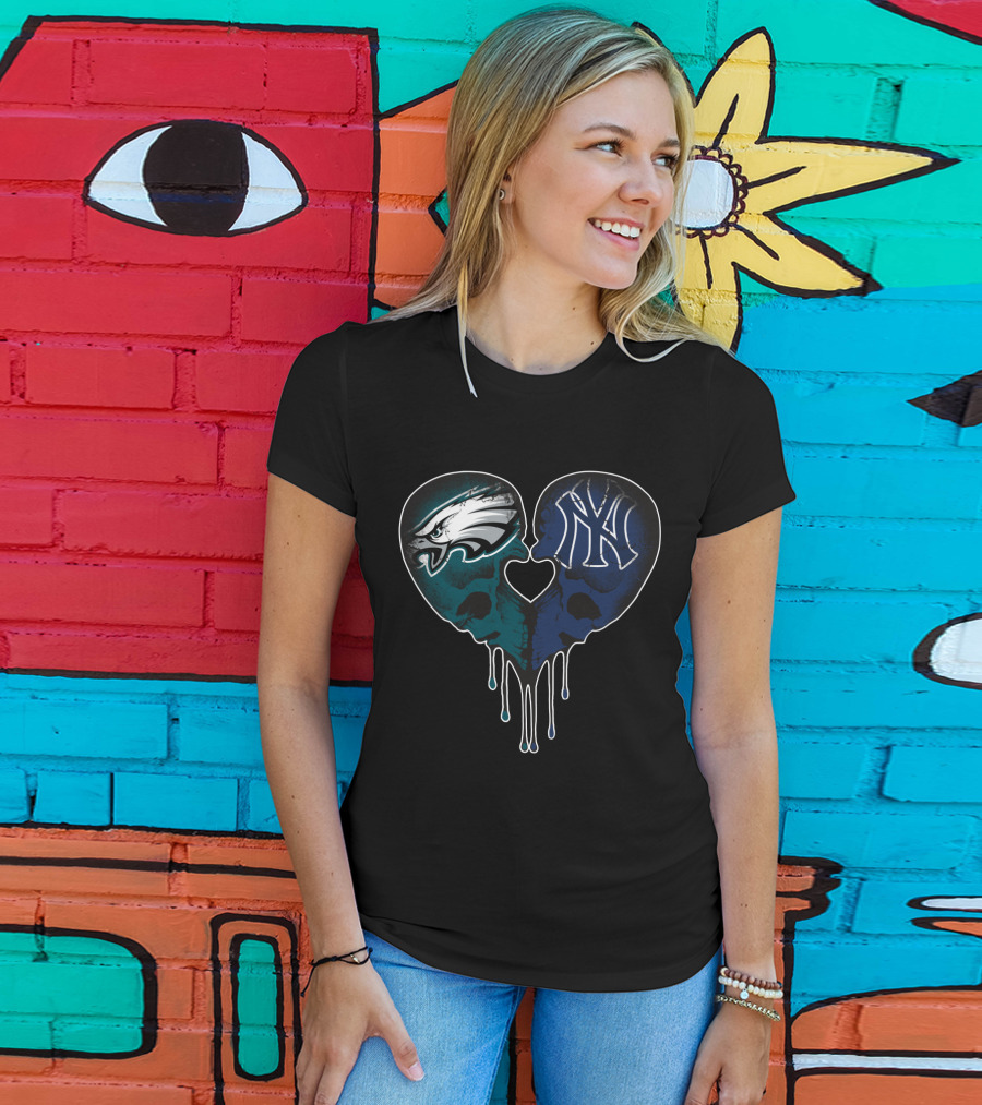 Eagles Yankees Skull Love Heart Drip T-Shirt