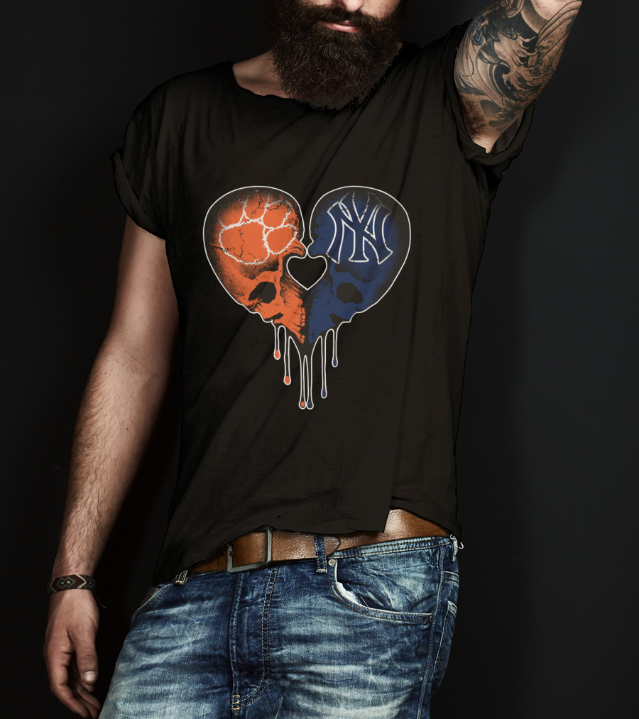 Clemson Tigers Skull And Yankees Skull Heart Love T-Shirt