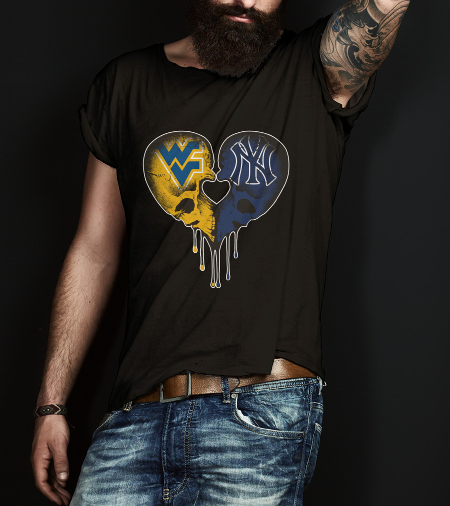 West Virginia Yankees Skull Heart WVU NY Logo Fusion Love T-Shirt
