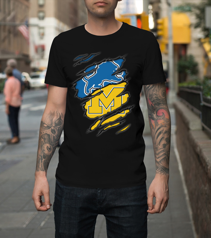 Detroit Lions Michigan Wolverines Football Fan Logo Crossover T-Shirt