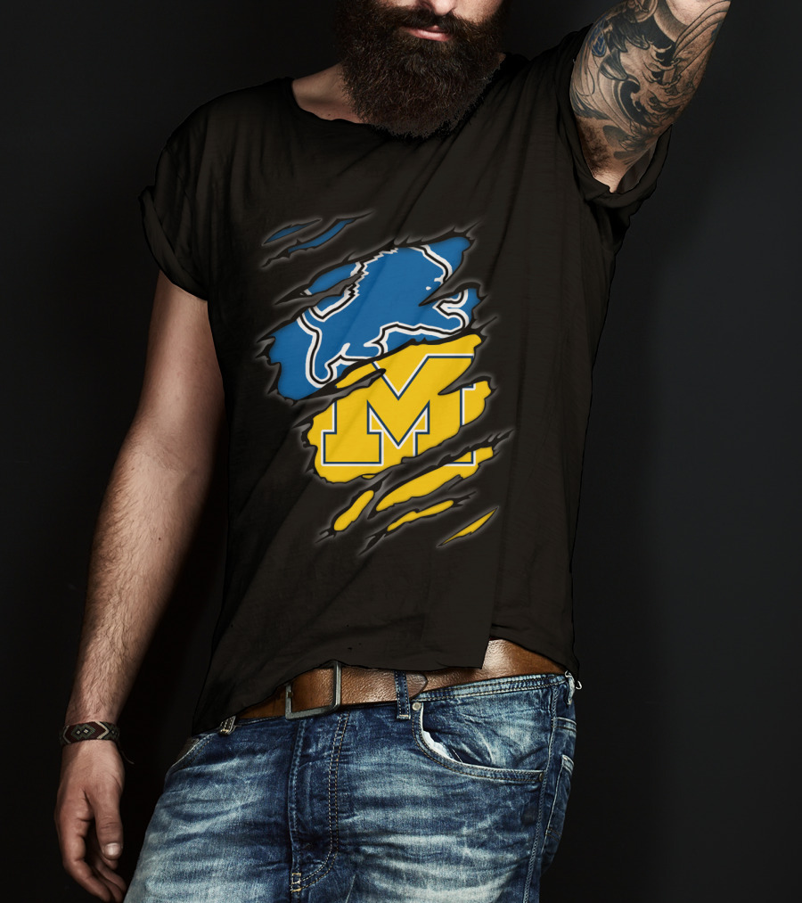 Detroit Lions Michigan Wolverines Football Fan Logo Crossover T-Shirt