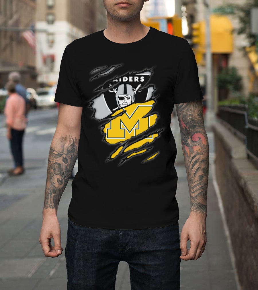 Raiders Oakland Helmet With Michigan Block M Fusion T-Shirt