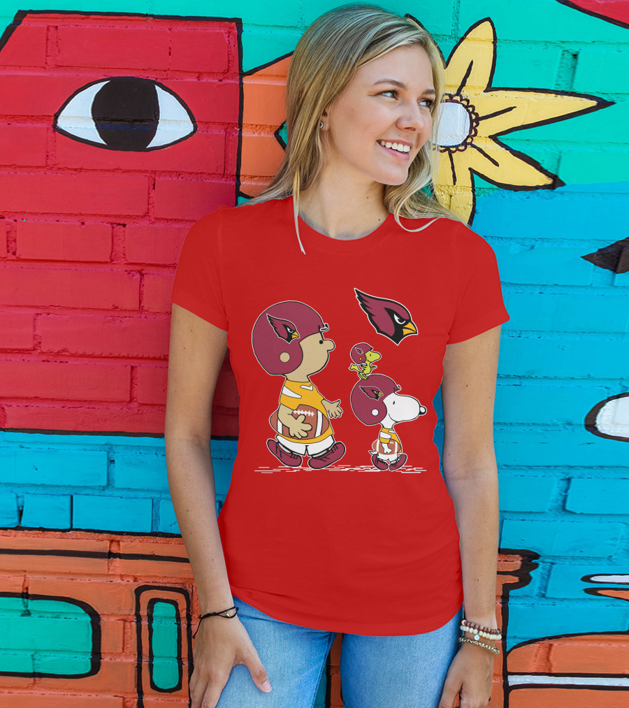 Cardinals Football Helmet Snoopy Woodstock Peanuts Characters T-Shirt