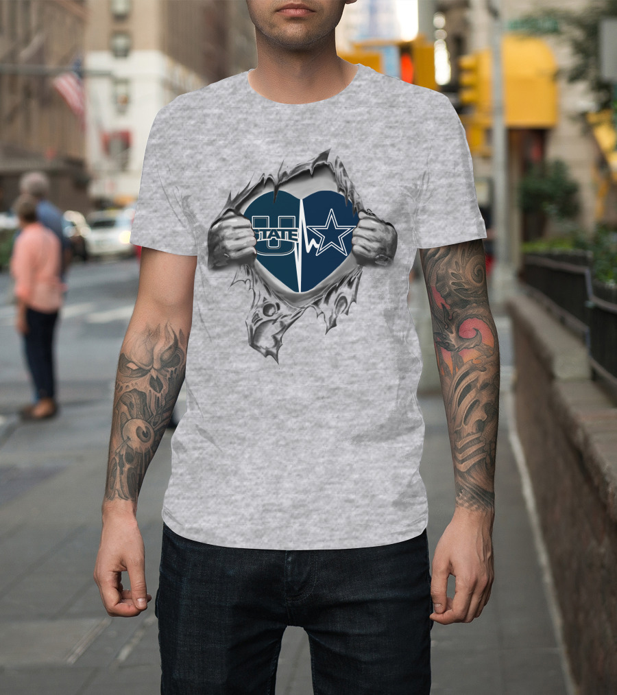 Utah State Cowboys Heart Design Football T-Shirt