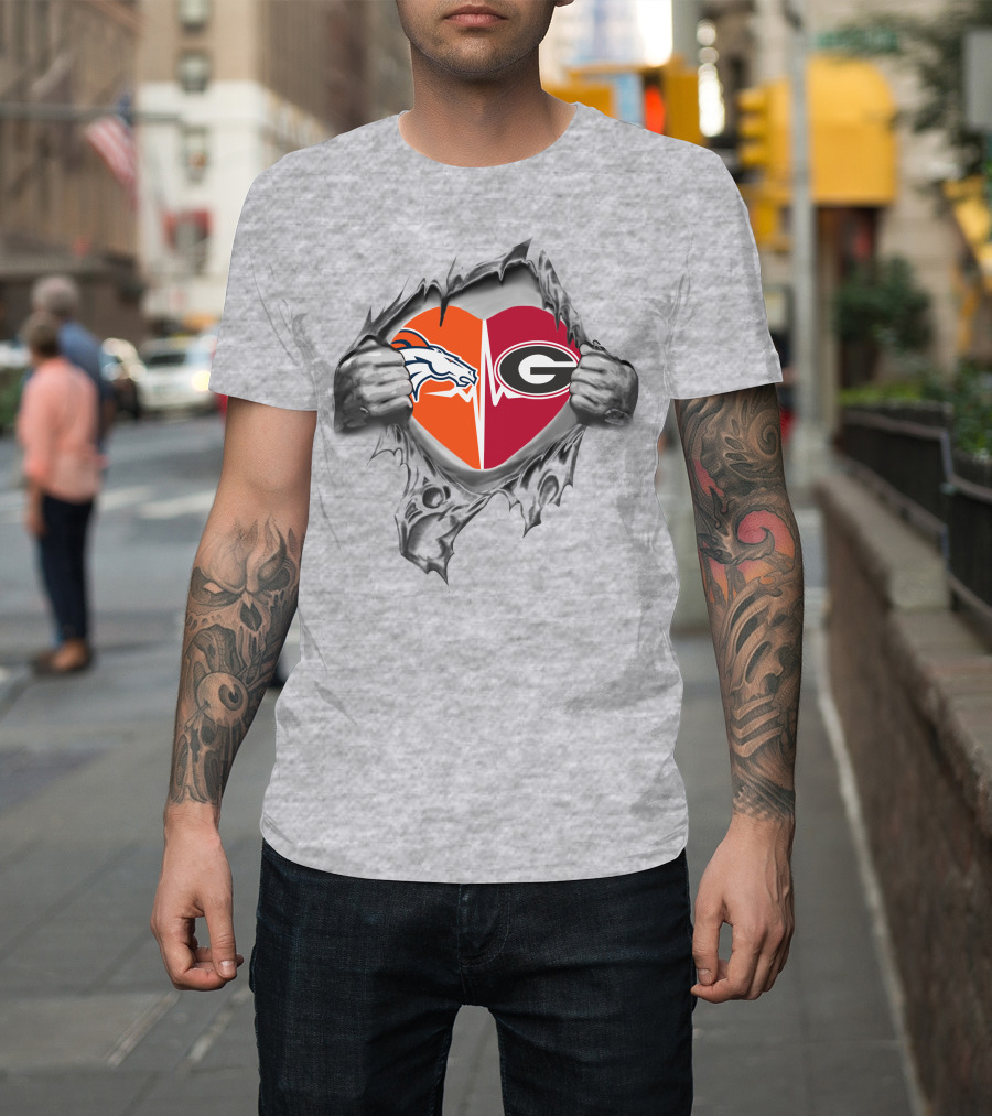 Broncos And Bulldogs Heart With Denver And Georgia Logos In Torn Steel T-Shirt