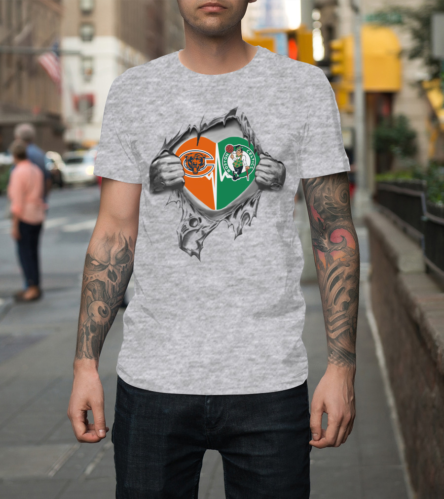 Chicago Bears Boston Celtics Heart Tear Emblems T-Shirt