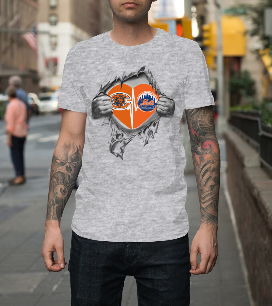 Bears Mets Heart with Logos Torn Background T-Shirt