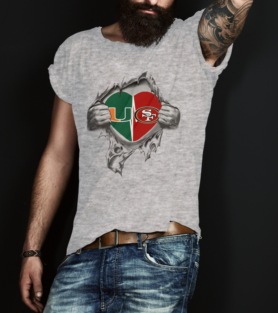University Of Miami Hurricanes And San Francisco 49ers Split Heart T-Shirt