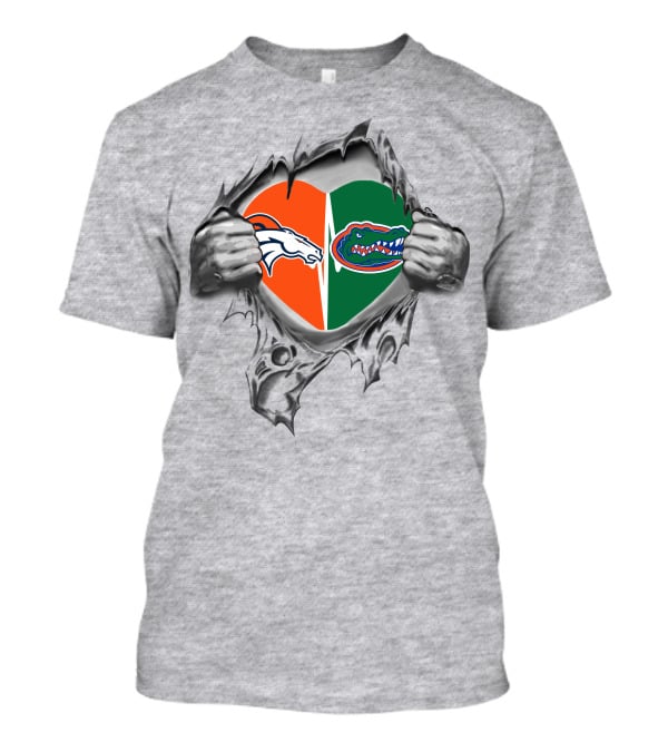 Broncos Gators Heart With Tearing Hands T-Shirt
