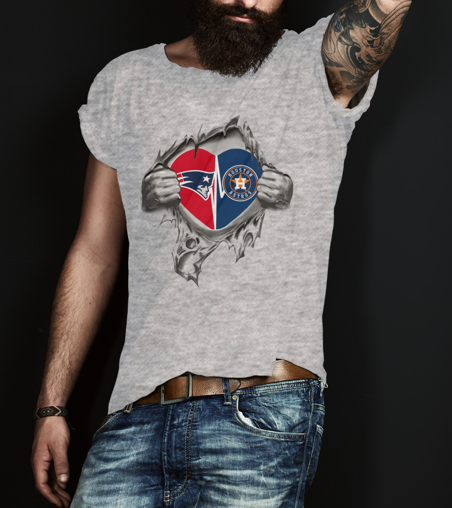 Patriots Astros Heart With Logos Torn Fabric T-Shirt