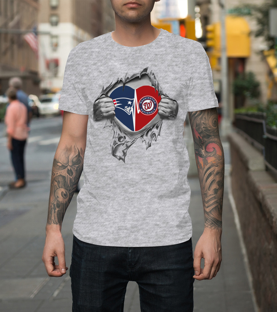 Patriots Nationals Heart with Split Logo and Ripped Hands T-Shirt