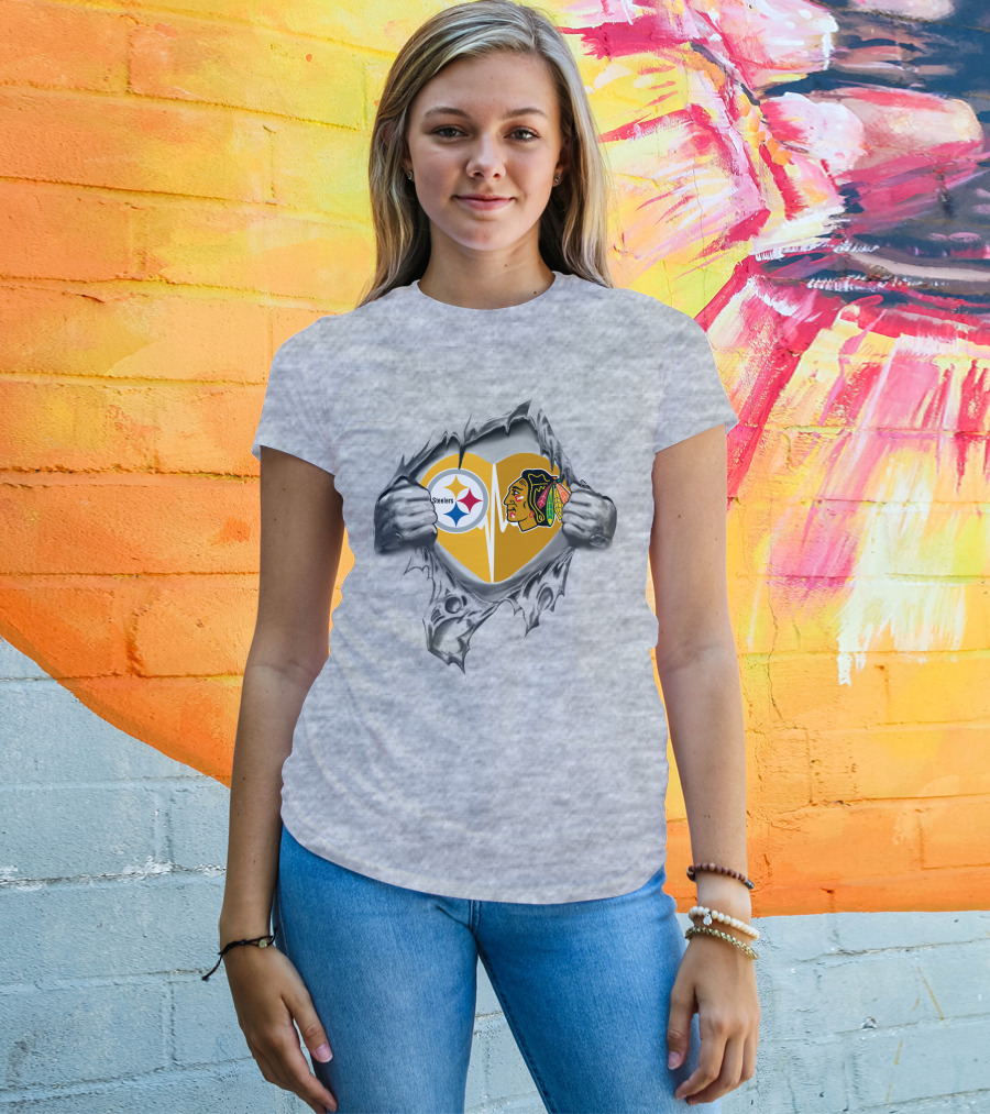 Steelers Blackhawks Heart Exposed Through Torn Surface Hands T-Shirt