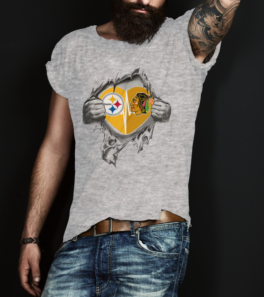 Steelers Blackhawks Heart Exposed Through Torn Surface Hands T-Shirt
