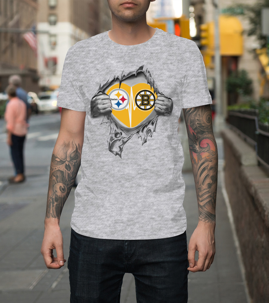 Steelers Bruins Heart Torn Open With Logos T-Shirt