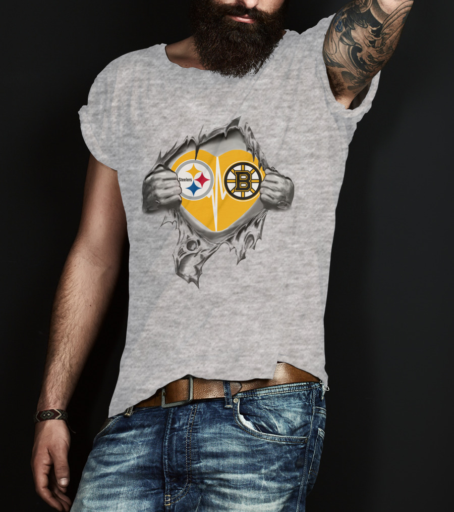 Steelers Bruins Heart Torn Open With Logos T-Shirt
