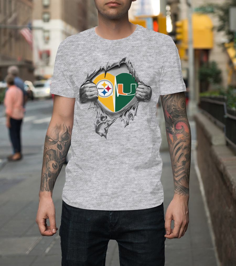 Steelers Hurricanes Heartbeat Fusion Logo Burst T-Shirt