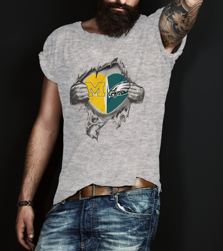 Michigan And Philadelphia Eagles Heart Unity T-Shirt