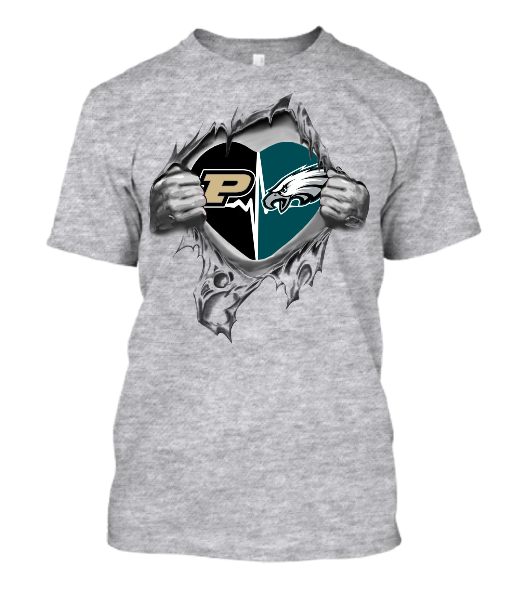 Purdue Eagles Heartbeat Peeking Through Silver Hands T-Shirt