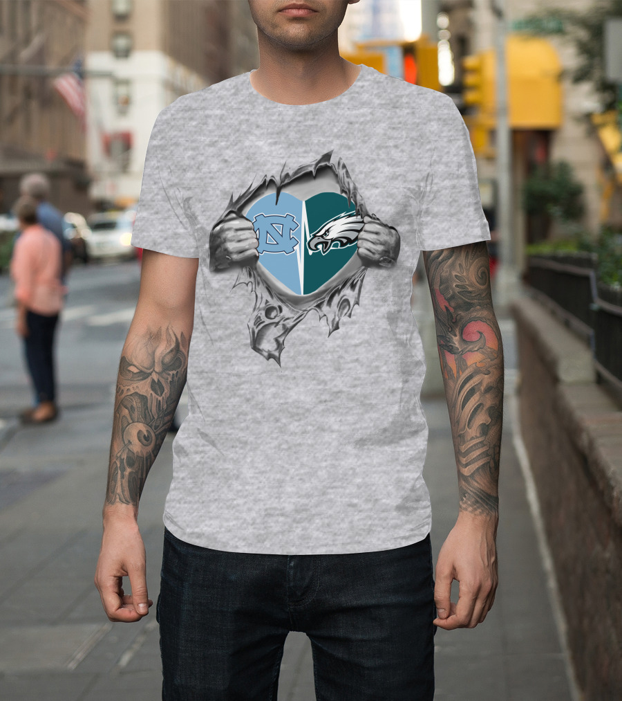 Eagles Tar Heels Heart Design With Hands Tearing Background T-Shirt