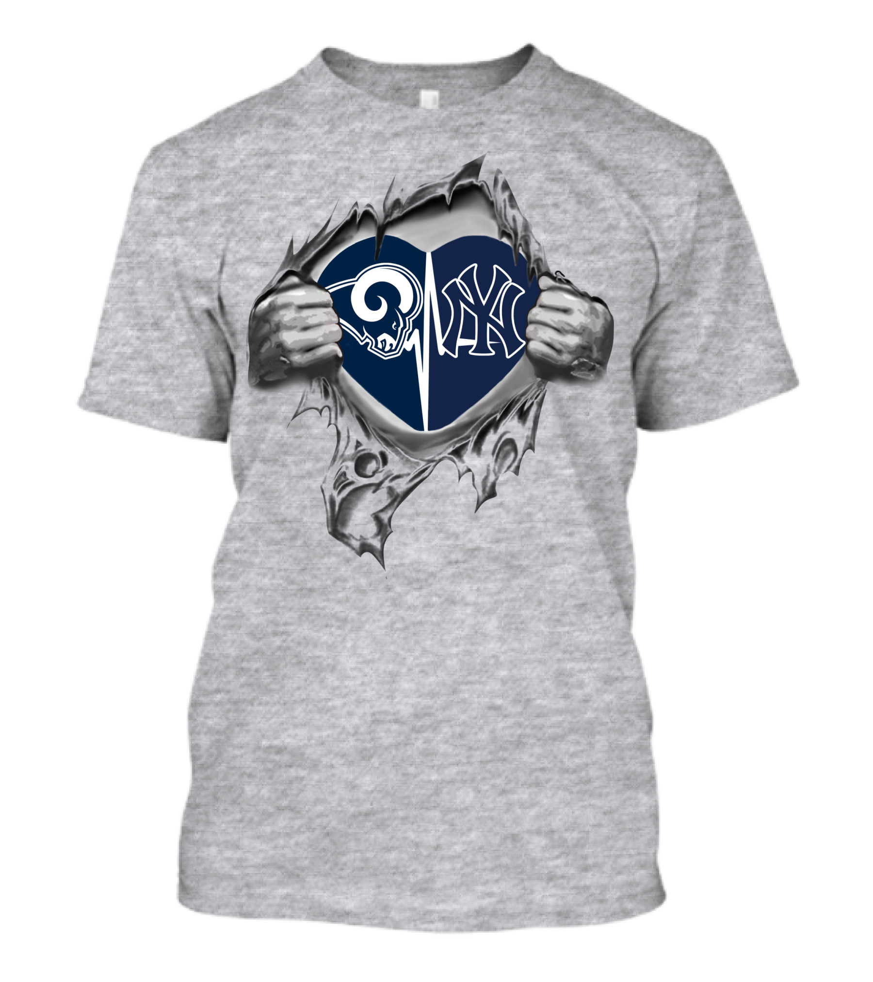 Rams Yankees Heart Split Hidden Under Ripped Surface T-Shirt