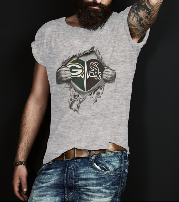 Green Bay Packers Chicago White Sox Heart Torn Open T-Shirt